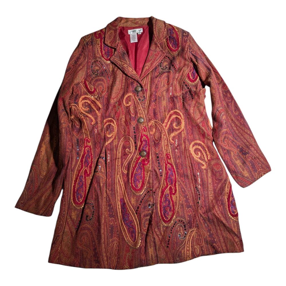 Vtg Y2K Coldwater Creek Red Orange Paisley Tapestry Button Up Longline Jacket M